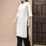 Women Cotton Off White Embroidered Kurta