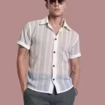Stylish White Cotton Net Shirt for Men Half Sleeve Shirt for Men
